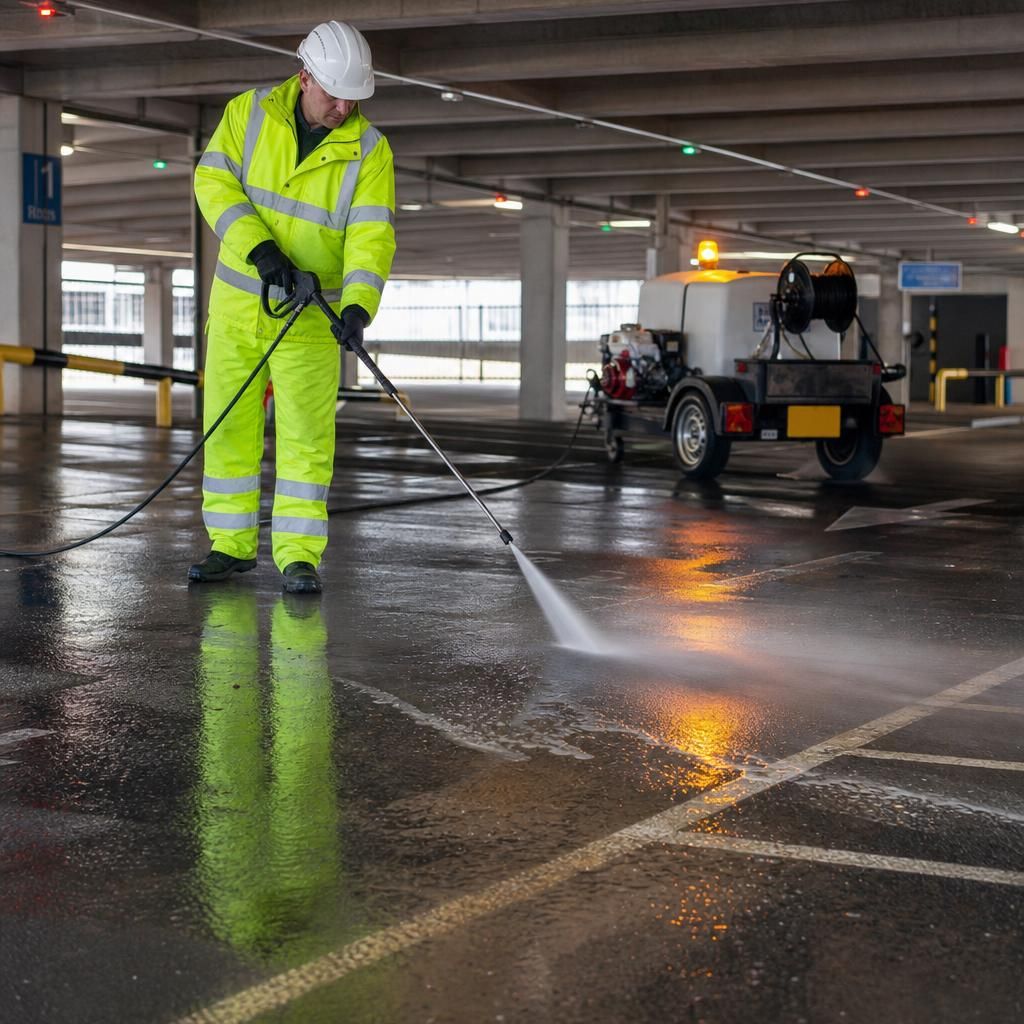 Advanced pressure washing of a car park