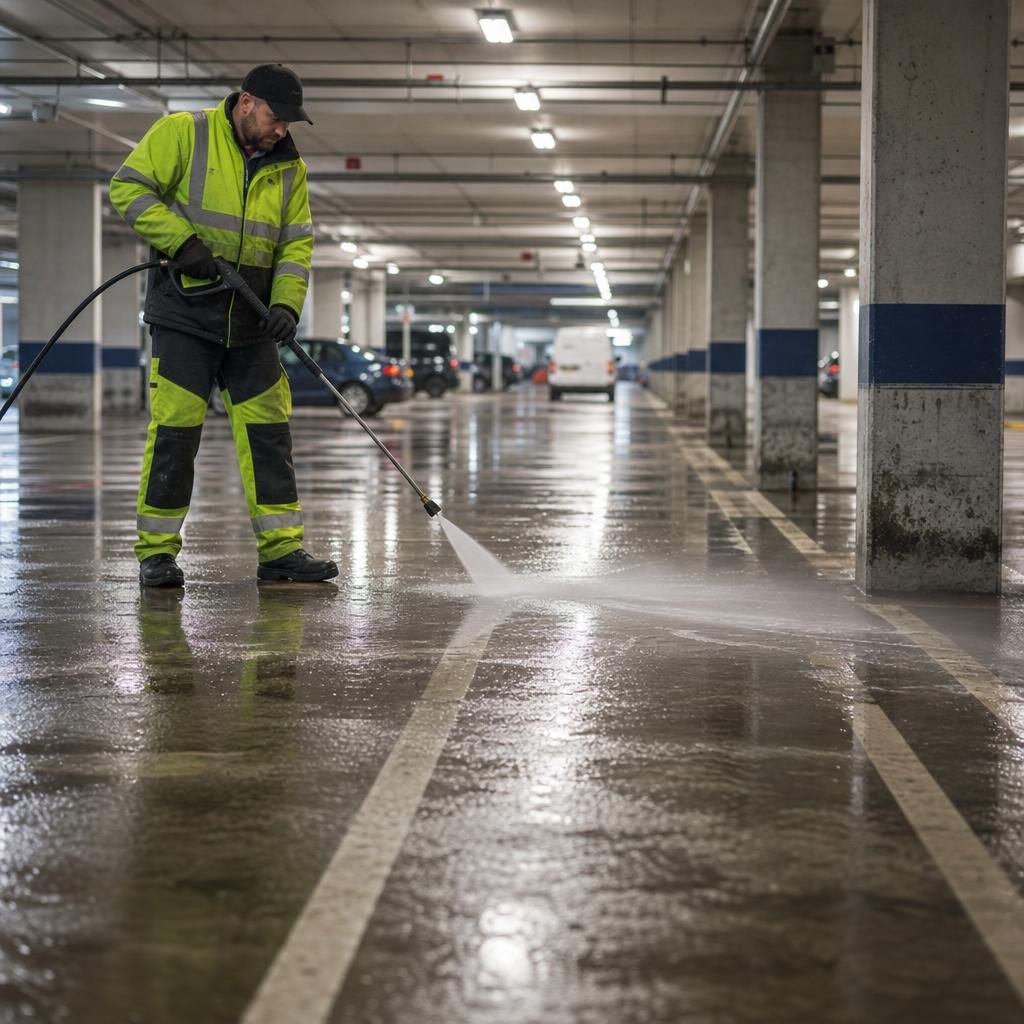 Steam cleaning in progress on a parking area