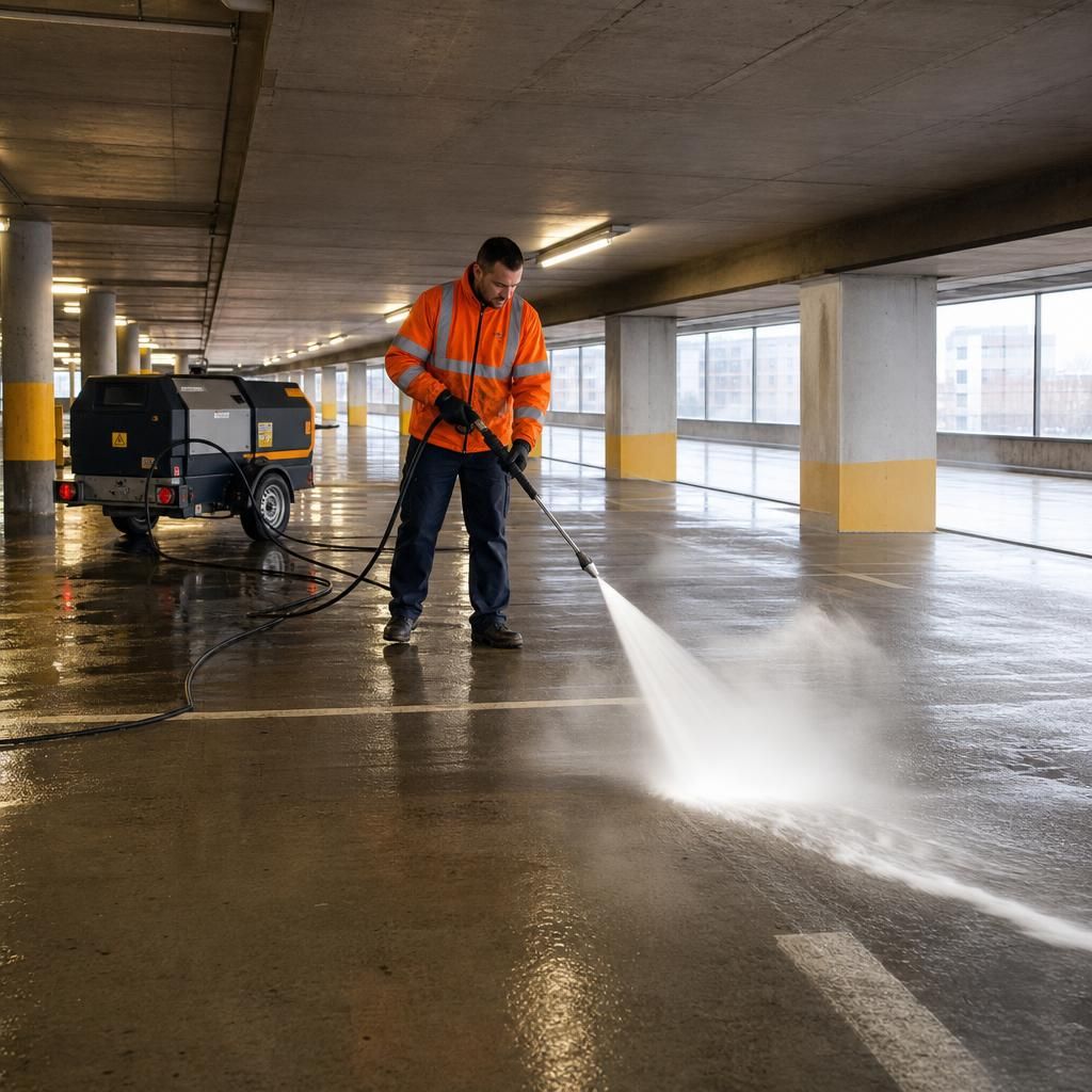 Car park sweeping equipment in action