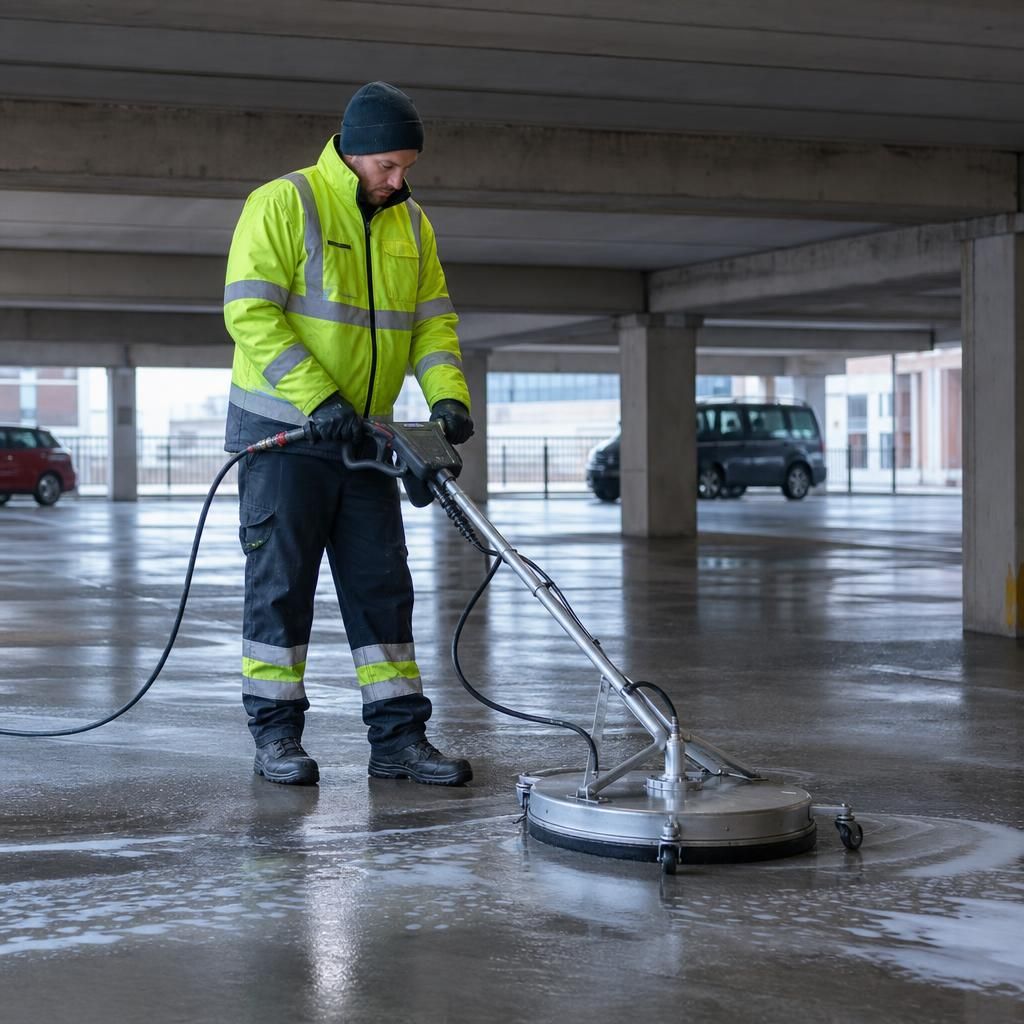 A cleaner planning a tailored car park cleaning solution