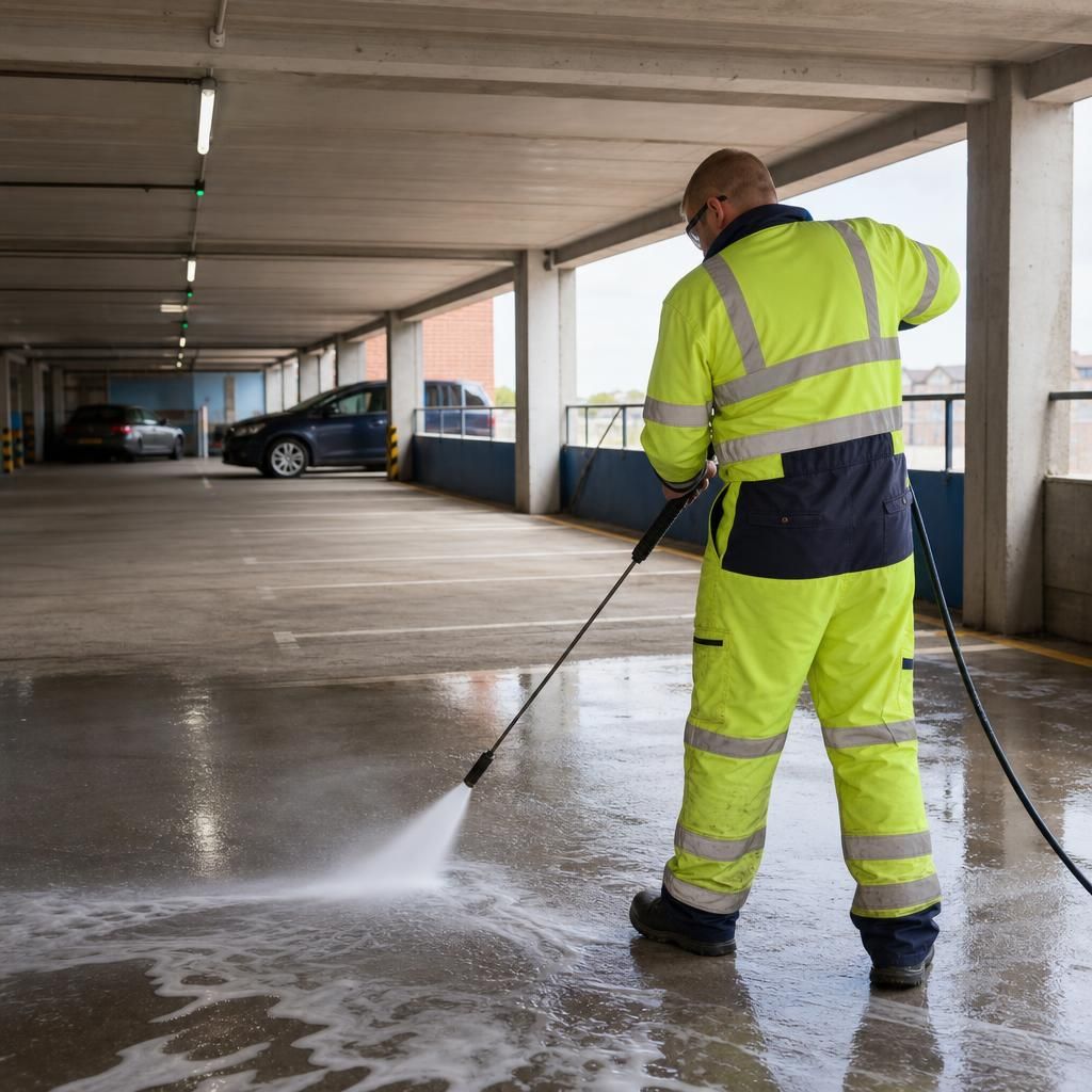 Pressure washing in a multi-storey car park