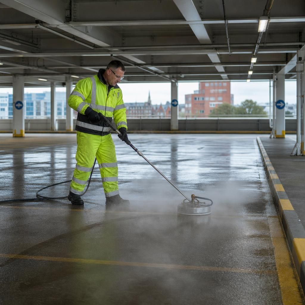 Before and after images of a car park cleaning