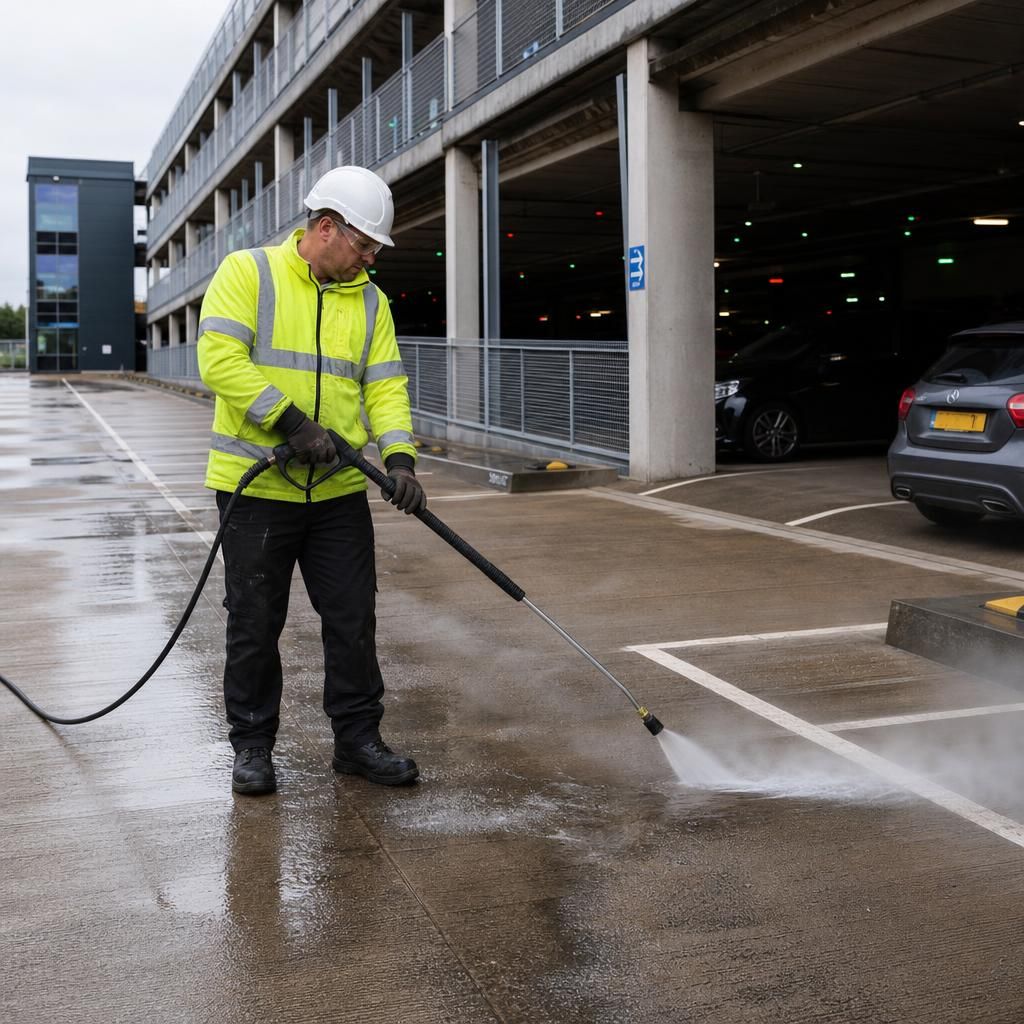 Graffiti being removed from a wall in a car park