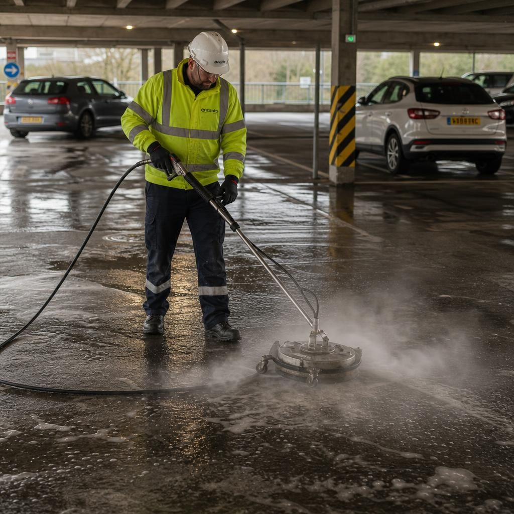 Cleaning equipment being used on a car park roof