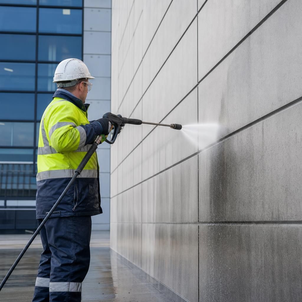 Technician performing pressure washing on a building façade
