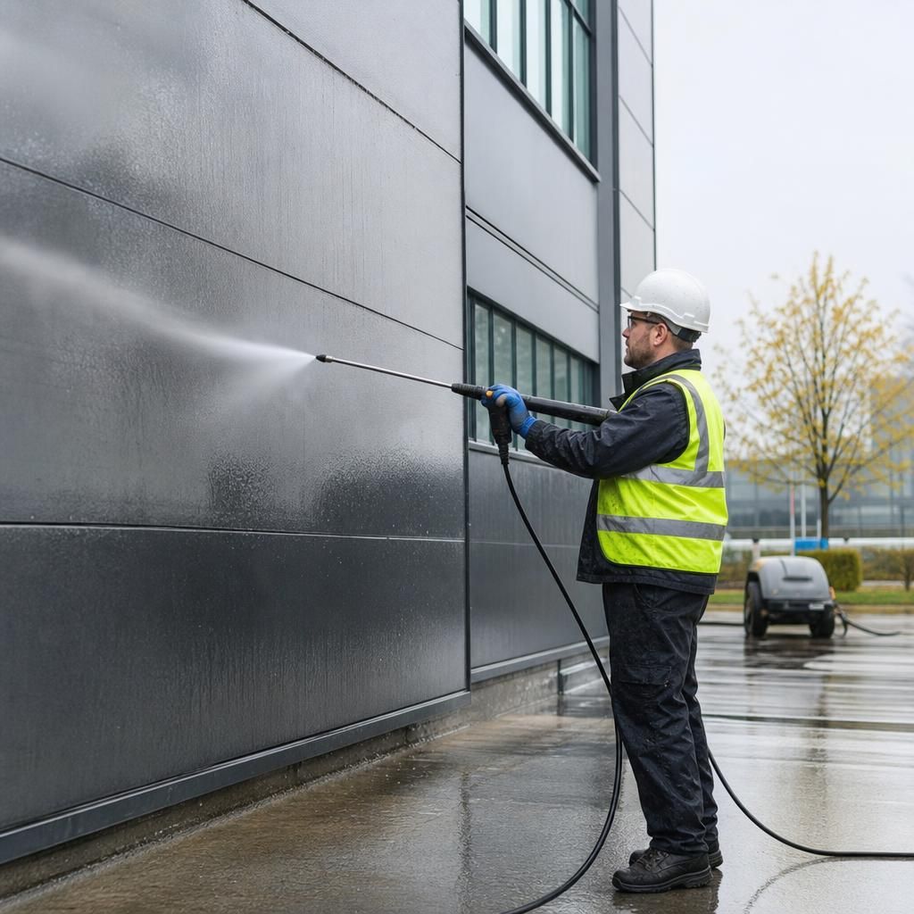 Cleaning professionals using high-altitude access equipment