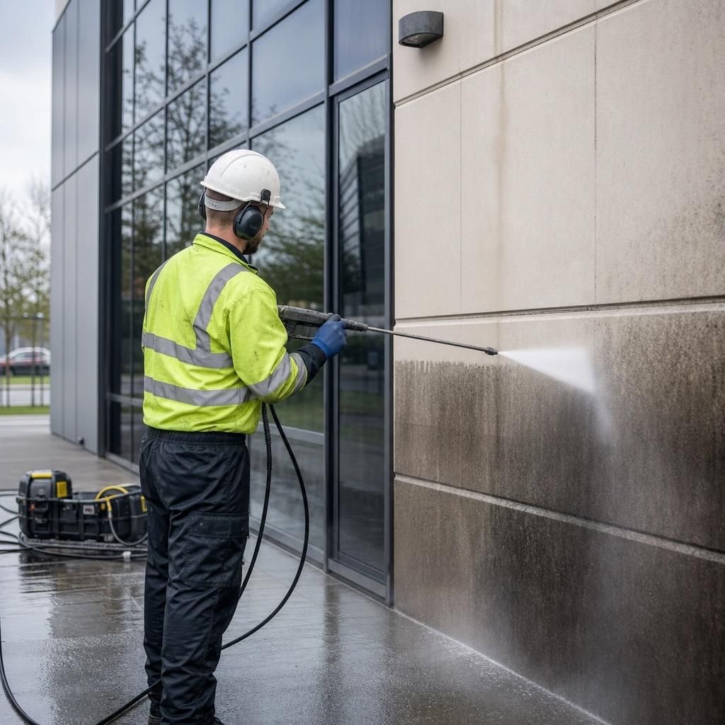 Technician conducting rooftop cleaning