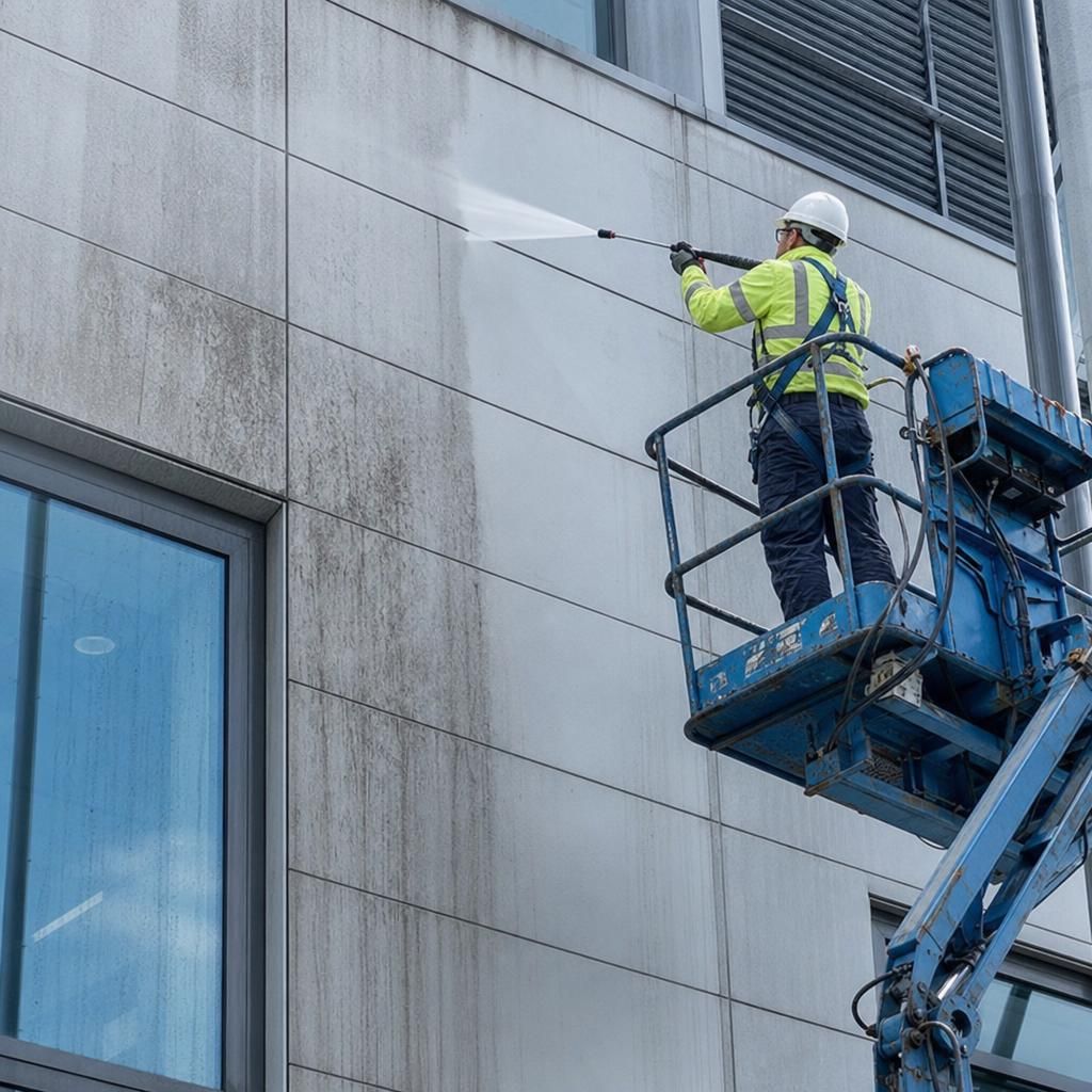 High-pressure washing of a building facade