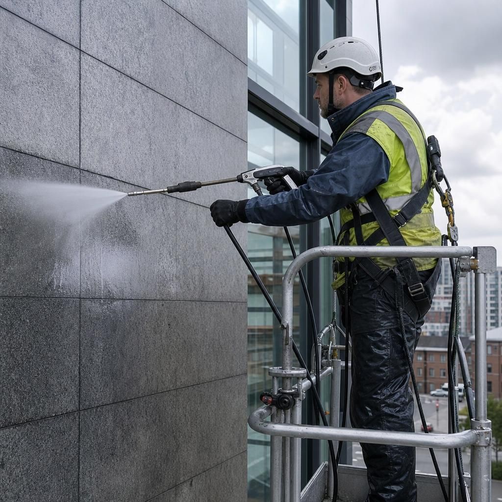 Professionals assessing building facade