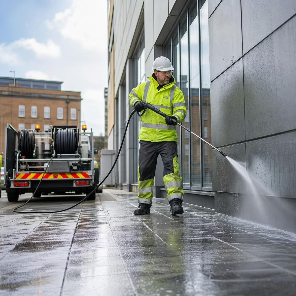 Pressure washing extensive commercial facade