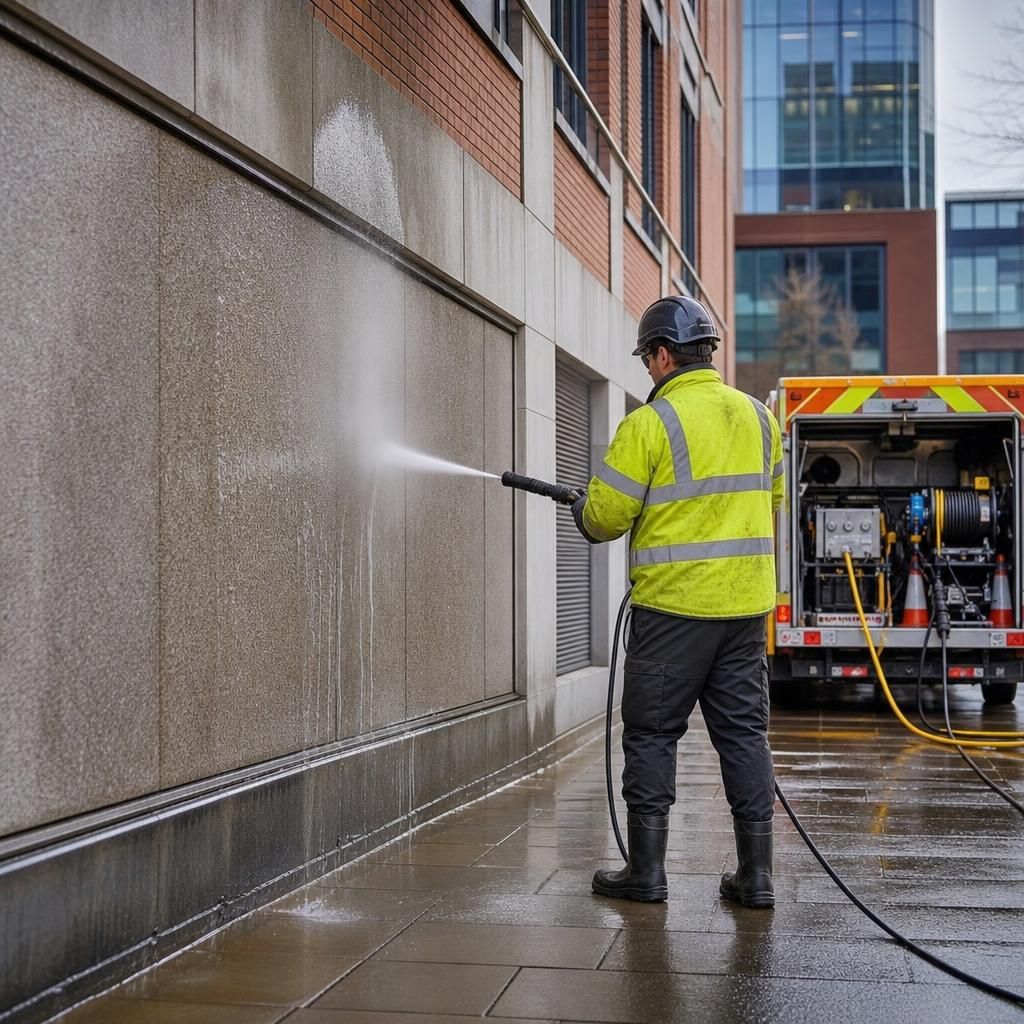 Technicians operating mobile pressure washing unit