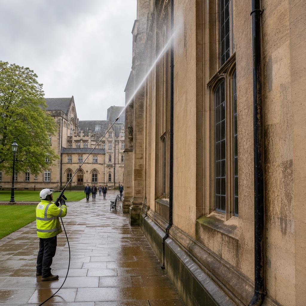 Pressure washing a university facade