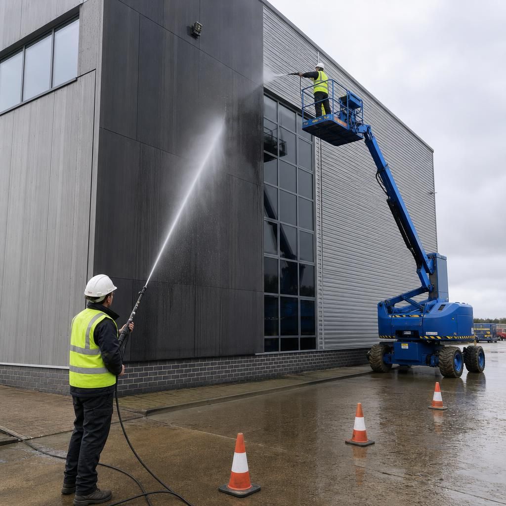 Technicians performing pressure washing on a commercial building