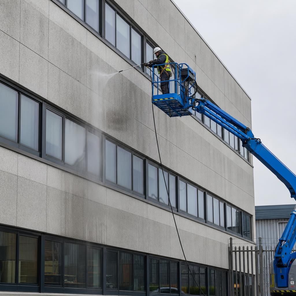Steam cleaning in progress on an industrial roof