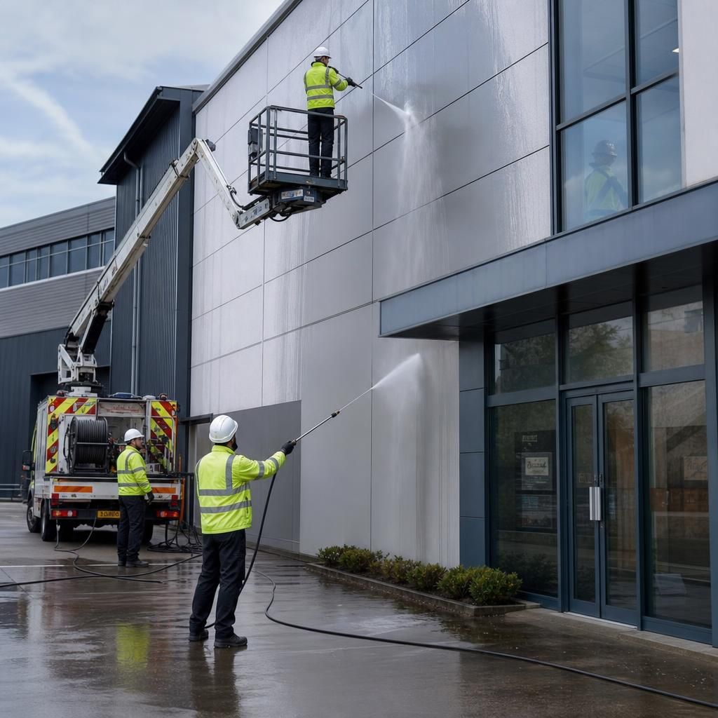 Access equipment being used for cleaning tall architectural structures