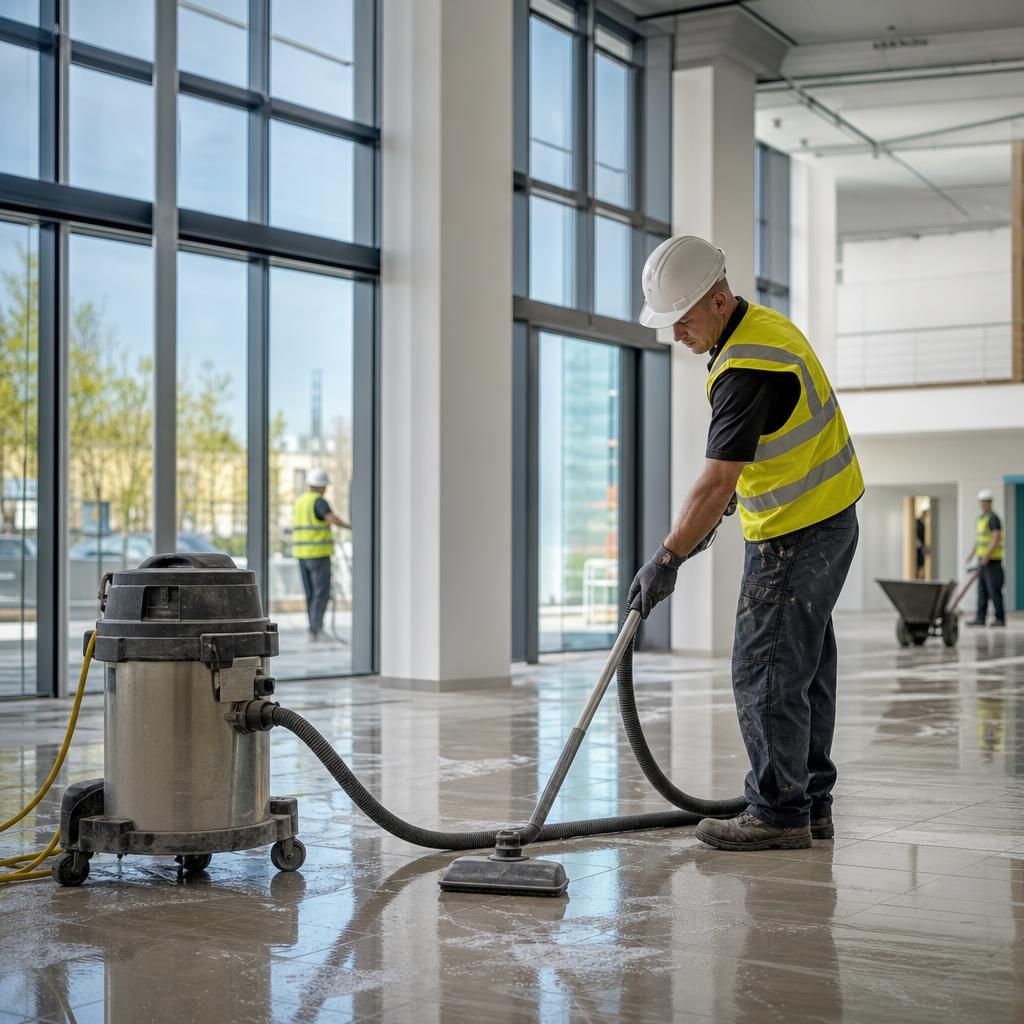 Professional cleaner using safety harness