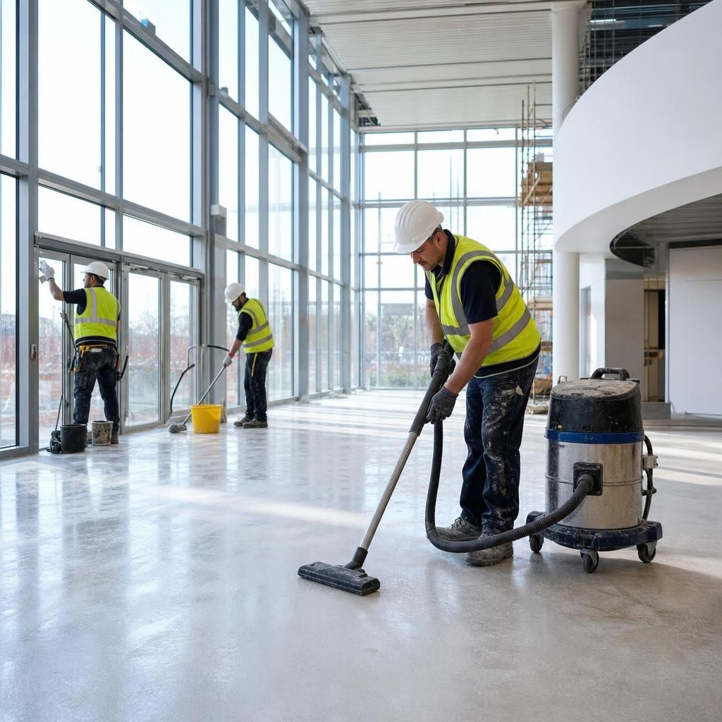 Team of professional cleaners coordinating
