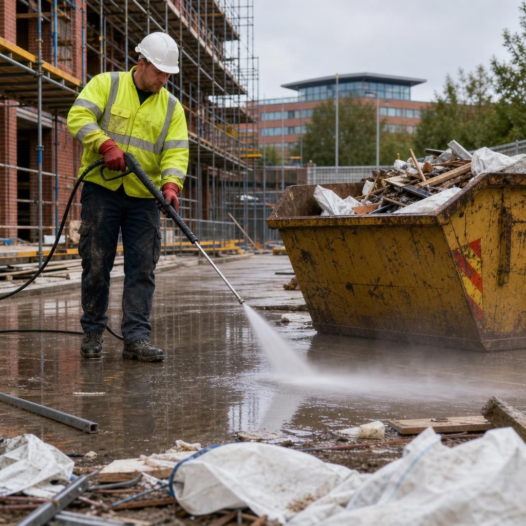 Team pressure washing a construction site