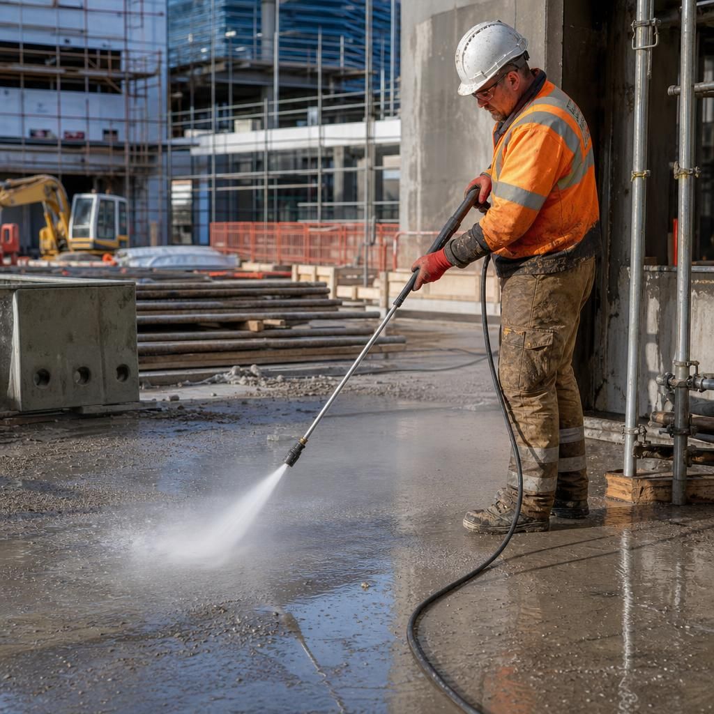 Worker cleaning with personal protective equipment