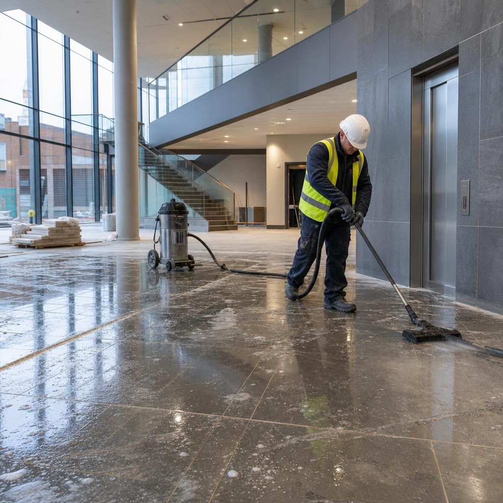 Pressure washing a building façade