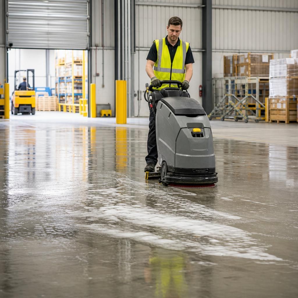High-powered steam cleaner in use for warehouse sanitation