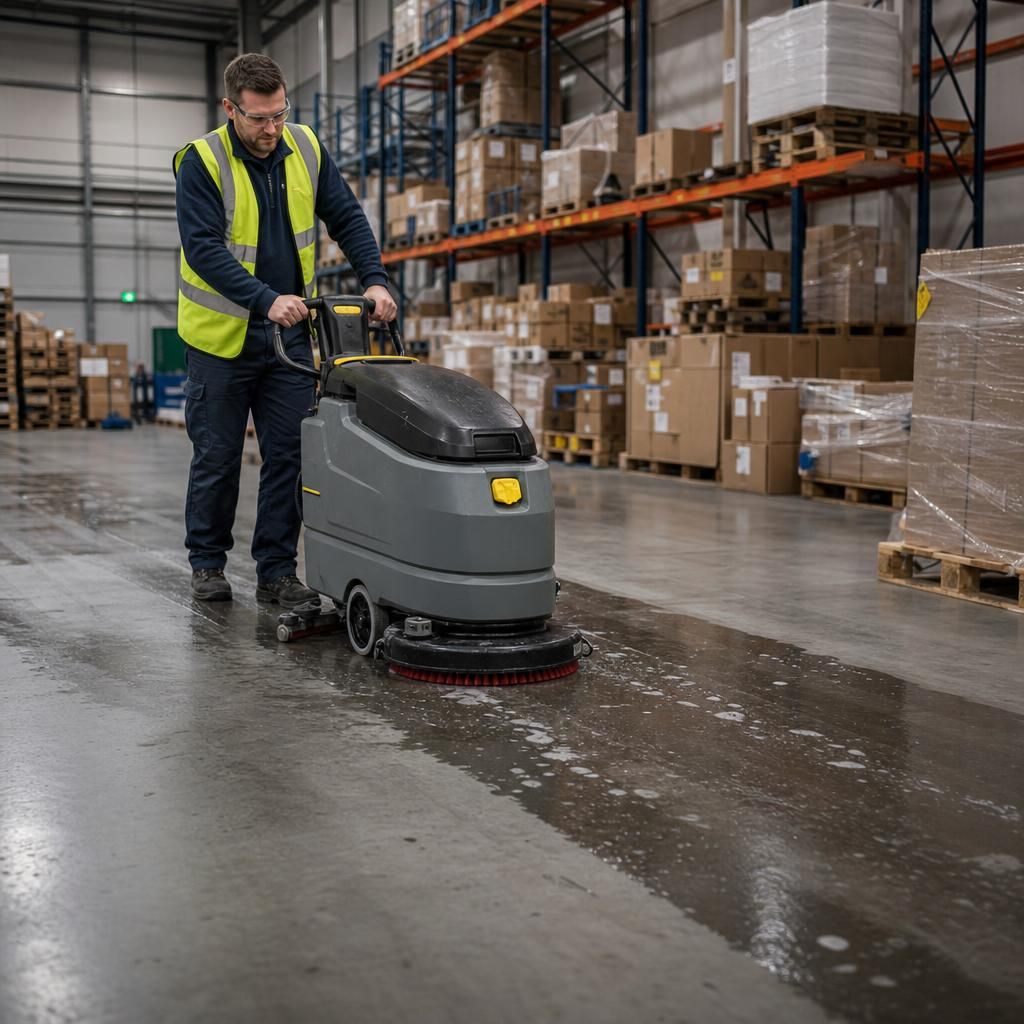 Industrial power washer used for cleaning warehouse exteriors