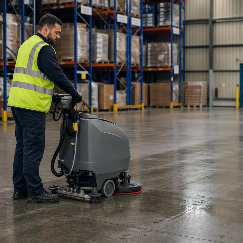 Technician using floor scrubber in a warehouse