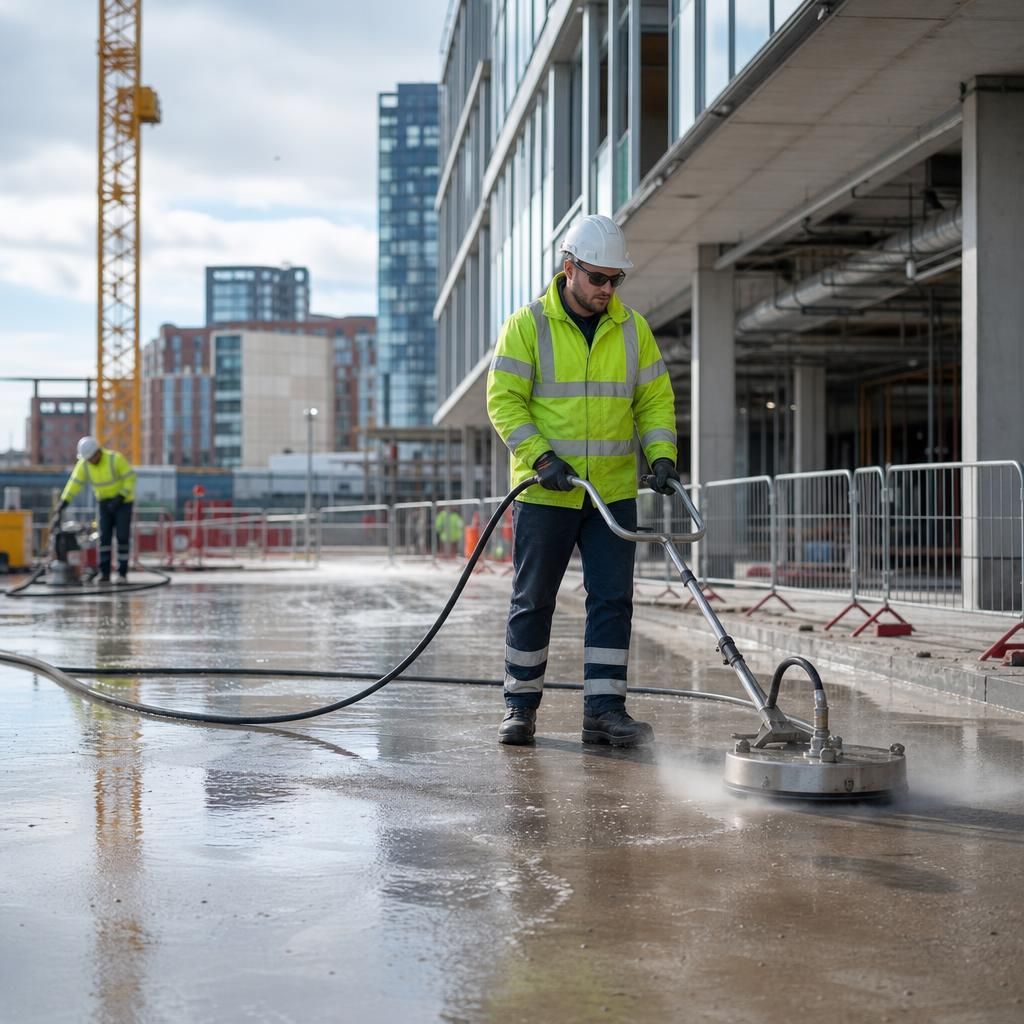 Clean construction site with workers operating cleaning equipment