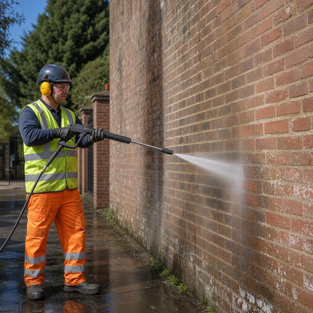 Professional cleaning of brick walls in an urban environment
