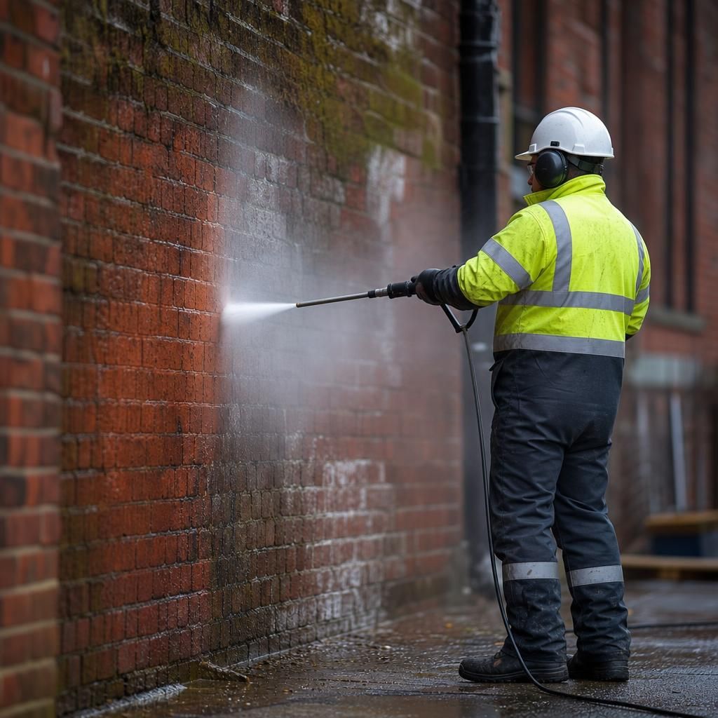 Technician using access equipment for high-level cleaning