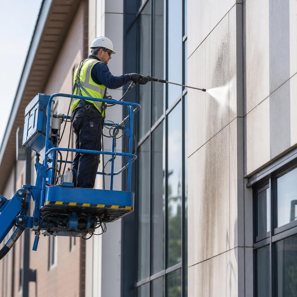 Technician performing pressure washing on building facade