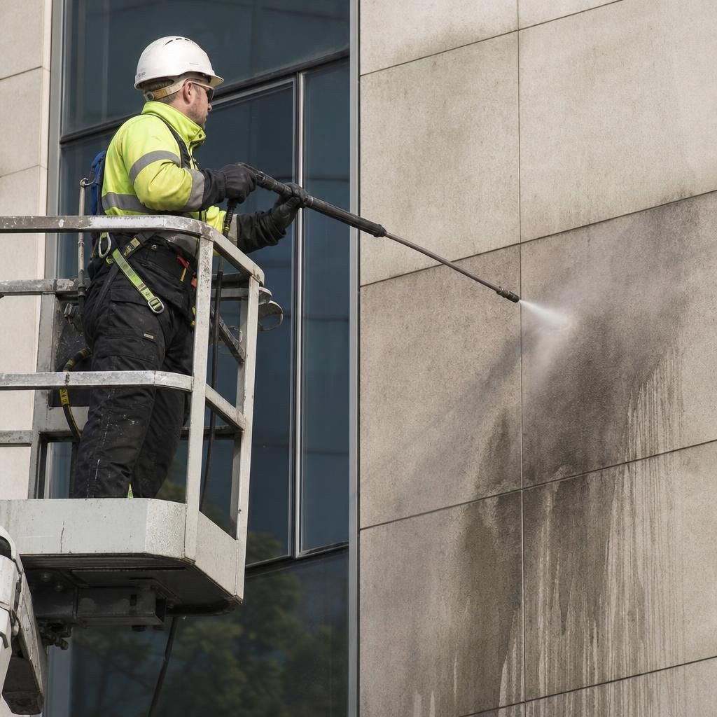 Steam cleaning being conducted on building exterior