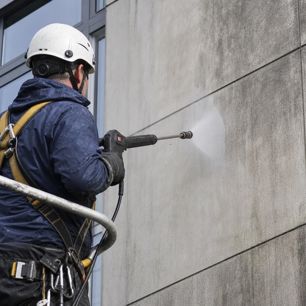 Exteriors of a building being cleaned with safety harnesses