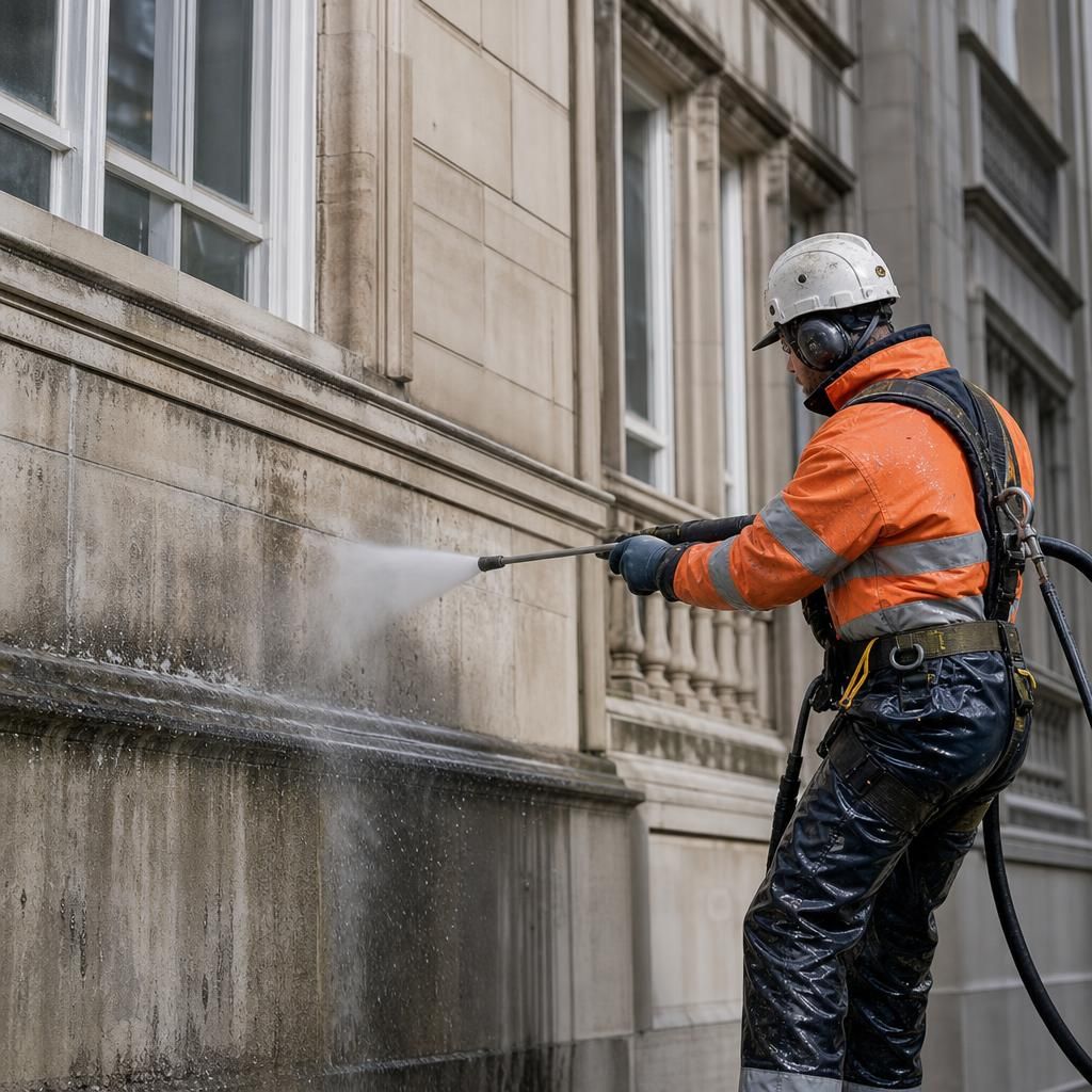 Biodegradable cleaning solutions being used on a facade