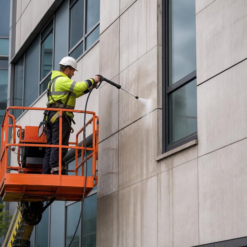 Professional assessing building facade before cleaning