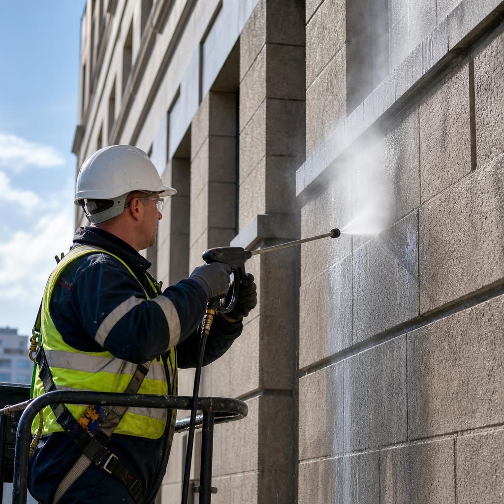 Pressure washing of a building facade