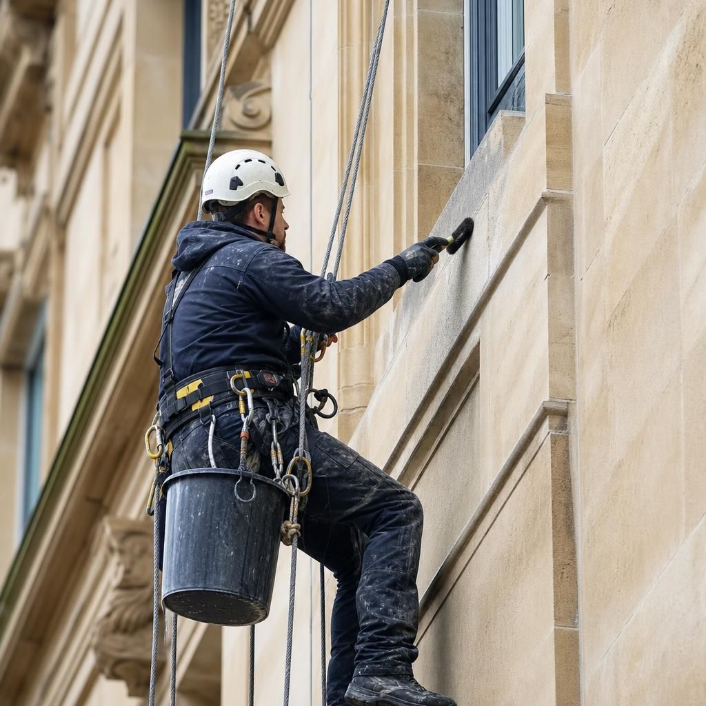 Steam cleaning being used on historic stone facade