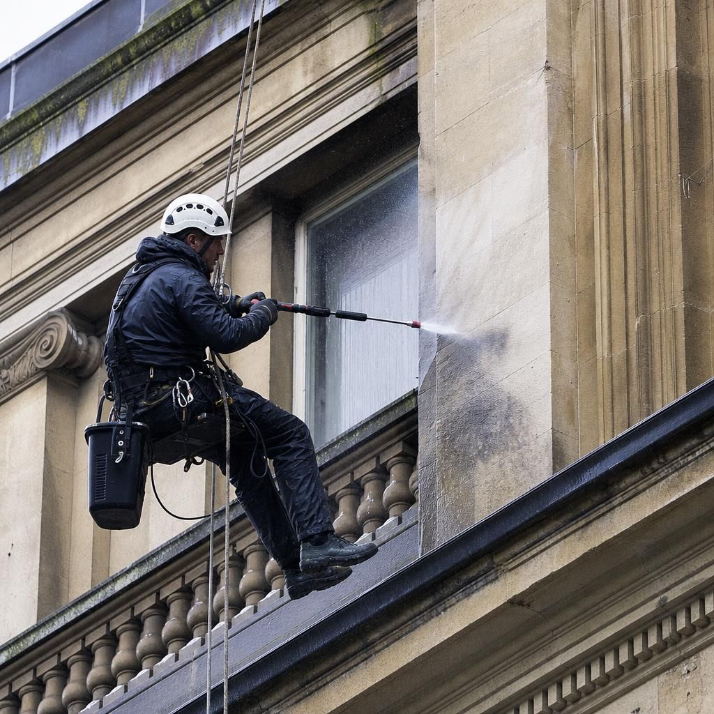 Car park and building facade being cleaned