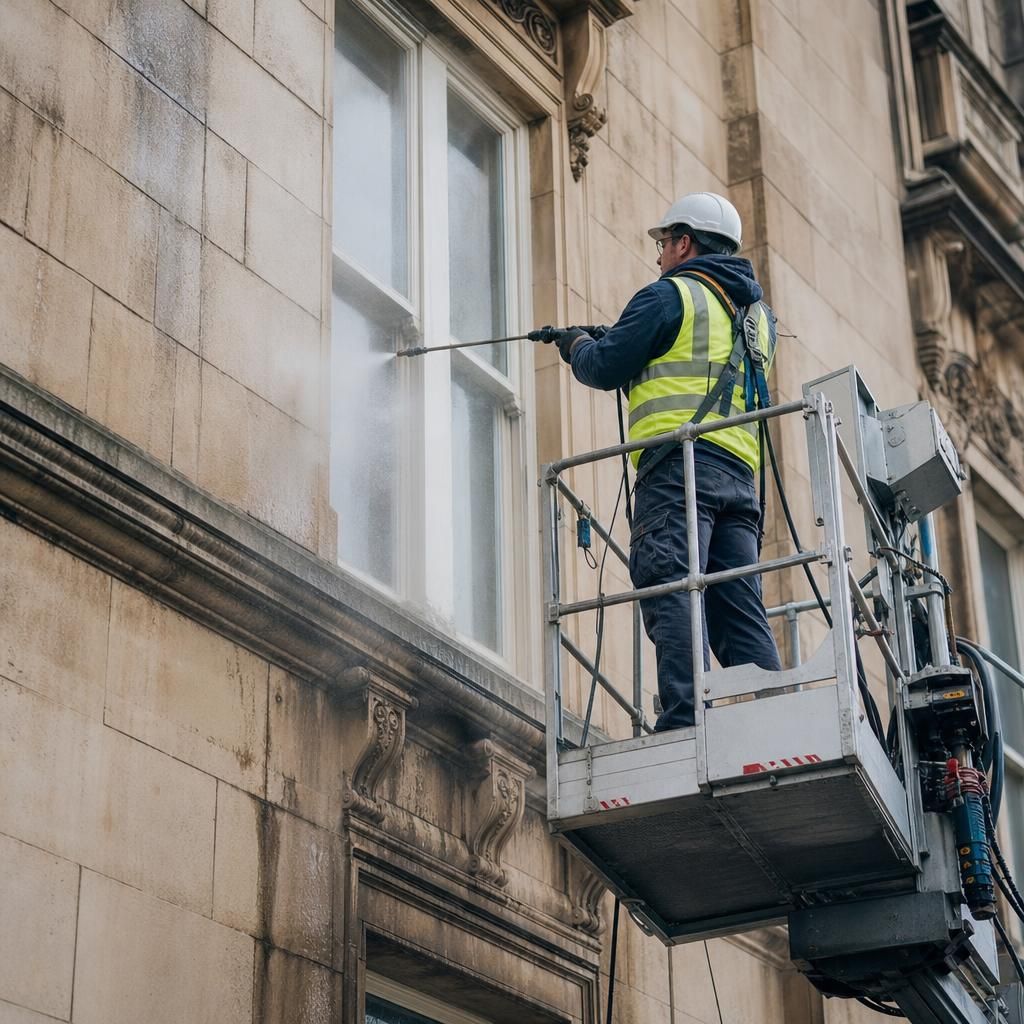 Team using access equipment for facade cleaning