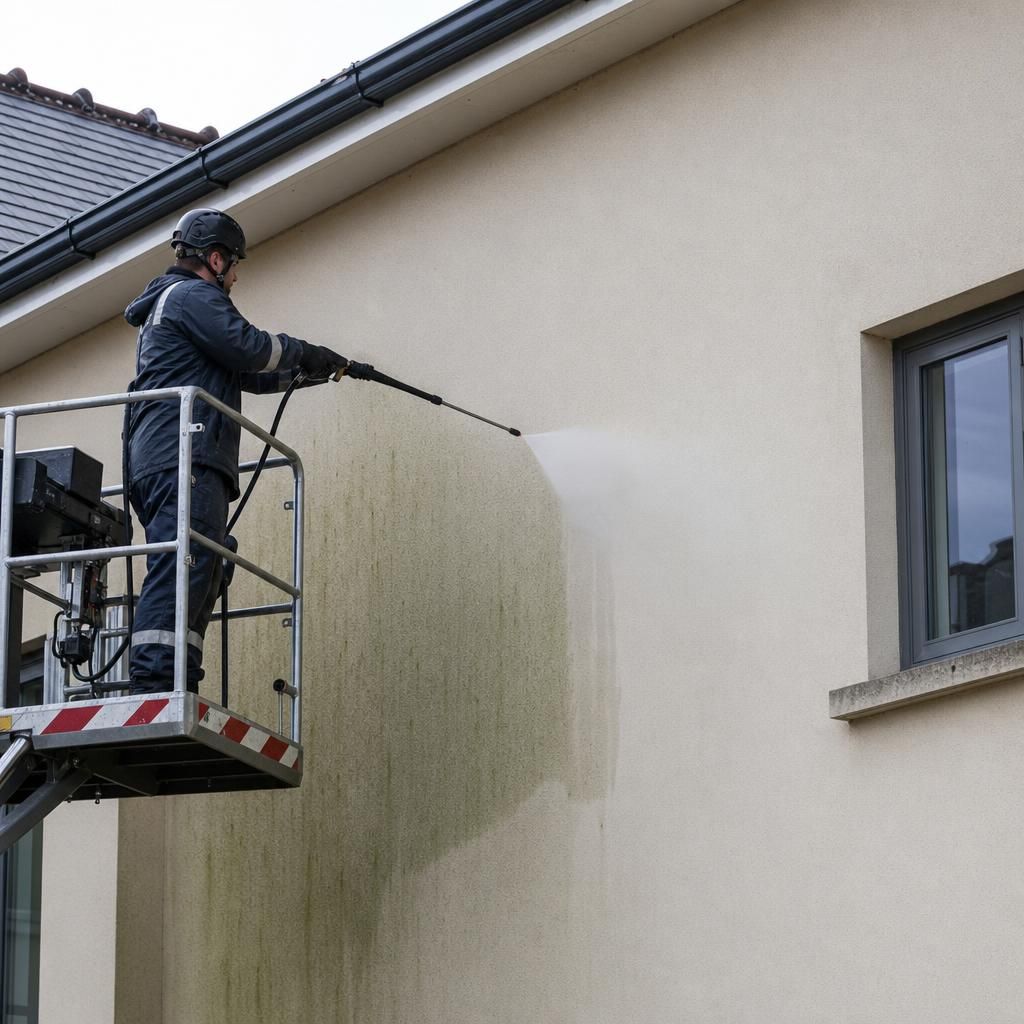 Soft washing technique being applied to a rendered wall