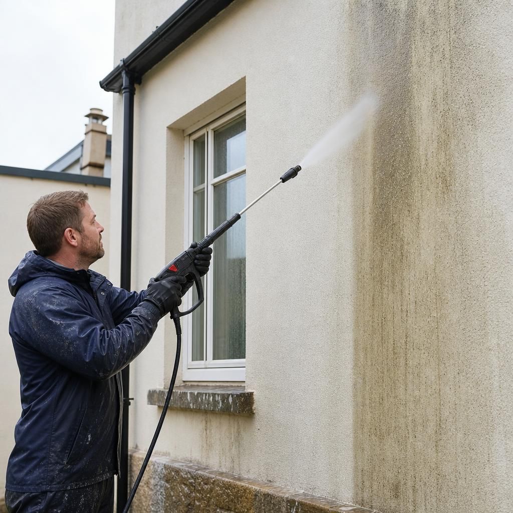 Professional cleaning team using access equipment