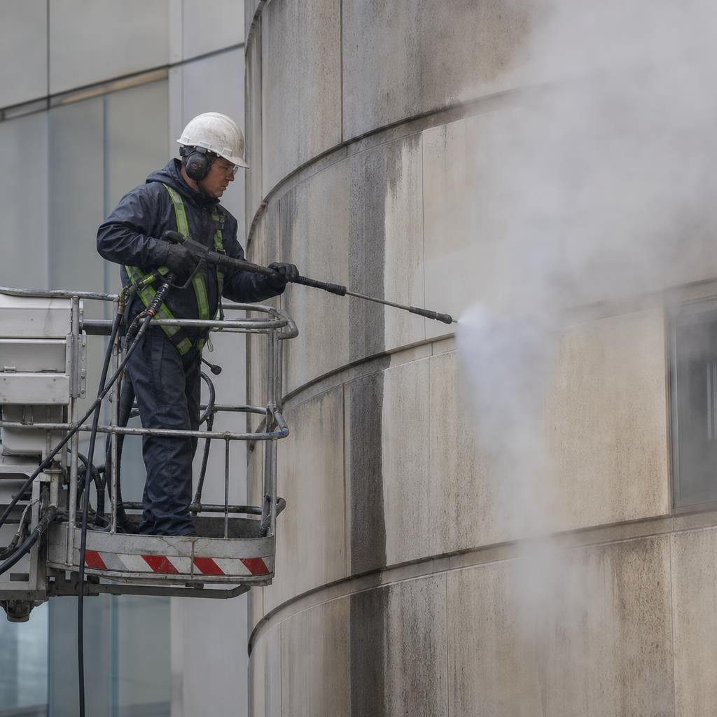 Professional facade cleaning in action with steam equipment
