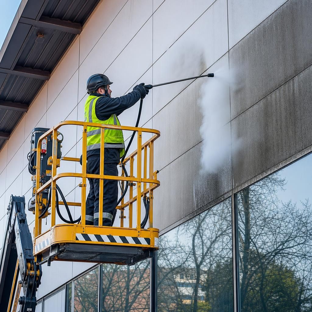 Technicians using safe access equipment for high-rise cleaning