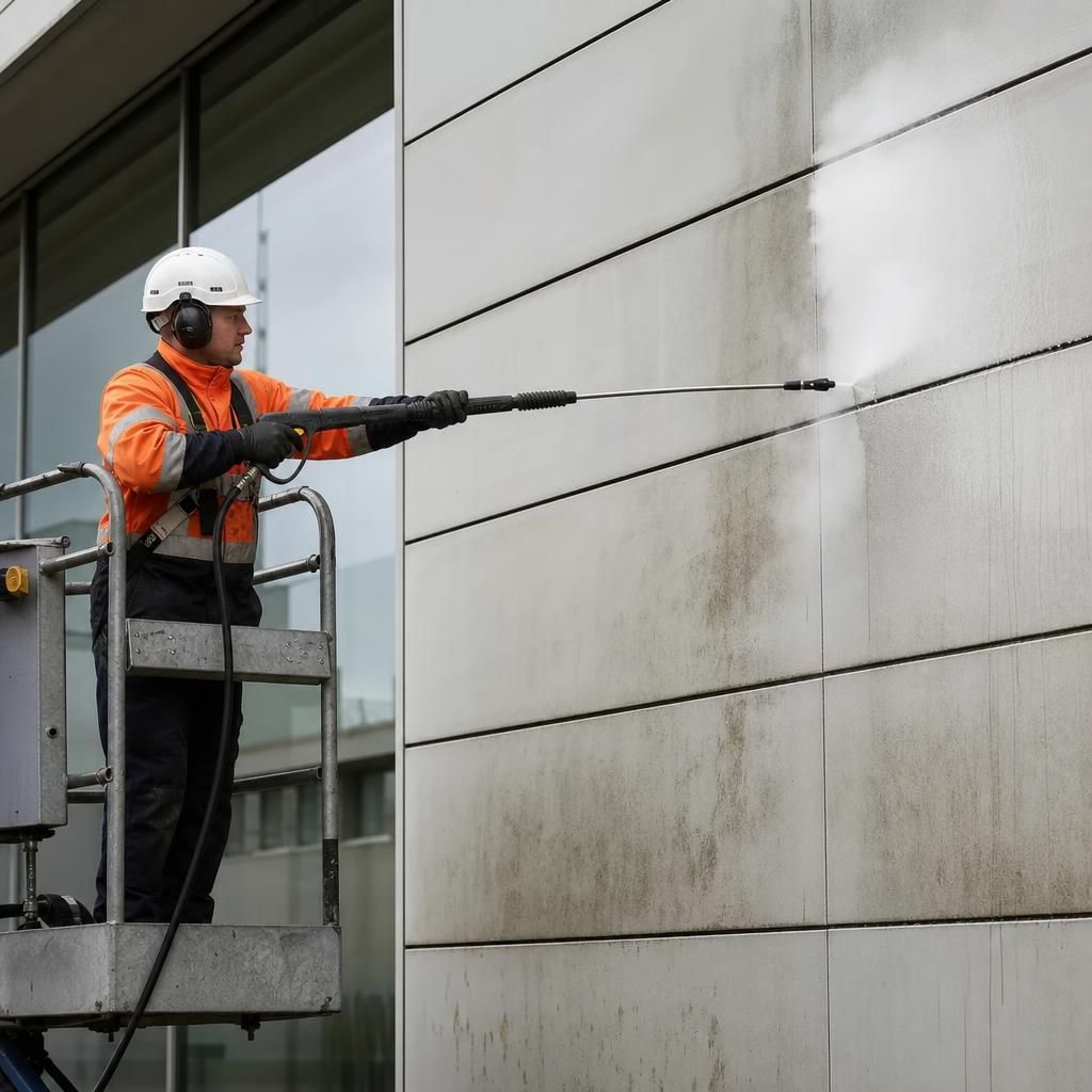 Technician using pressure washer on building cladding