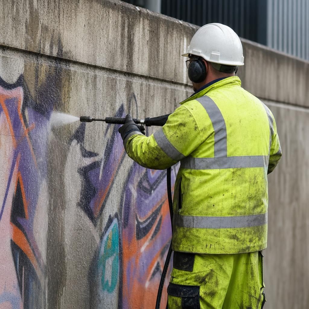Pressure washing graffiti off a wall