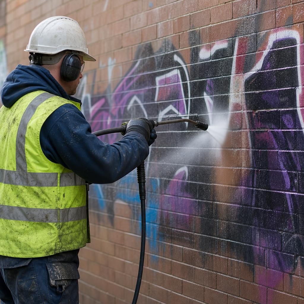Cleaning technician removing graffiti