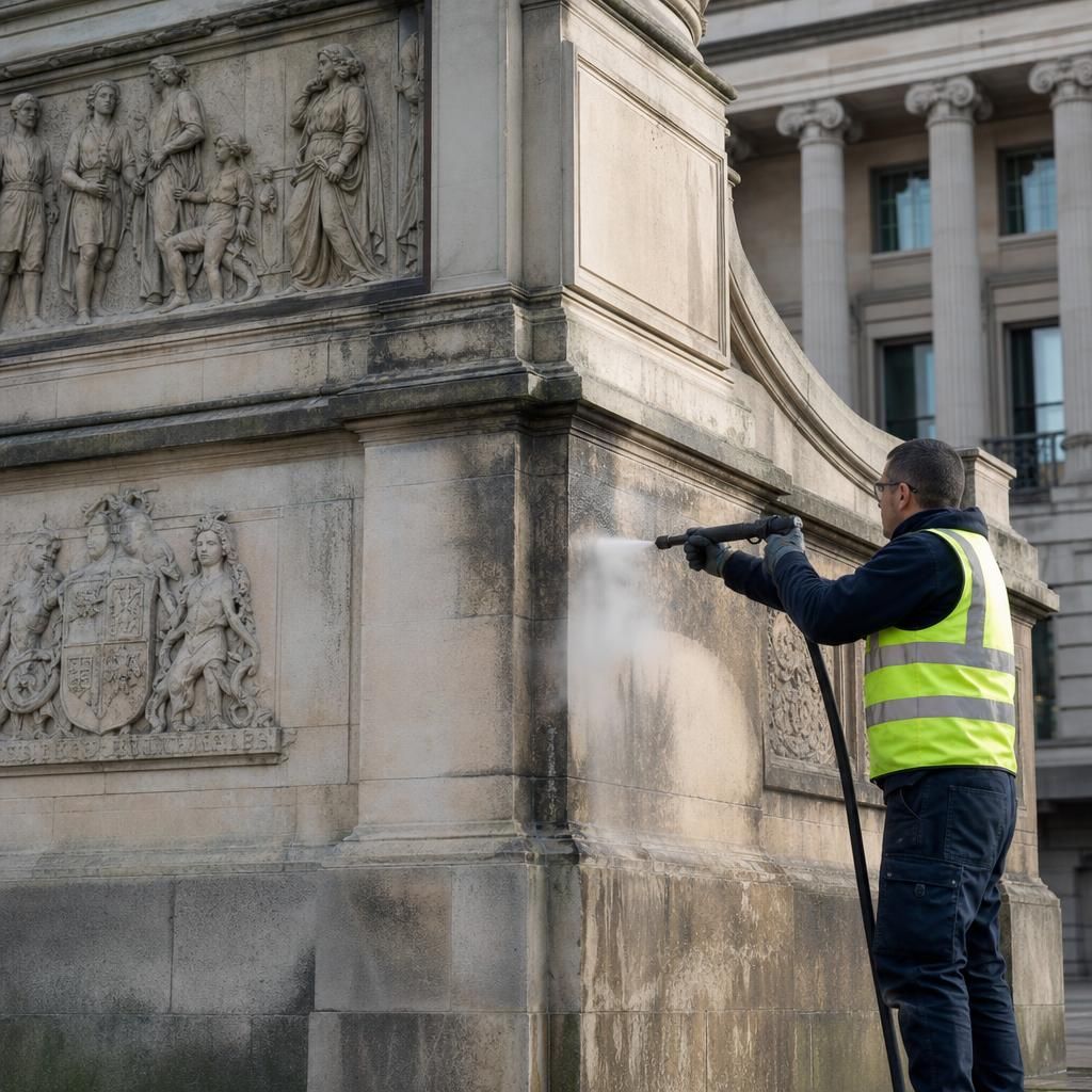 Steam cleaning graffiti from historical monument