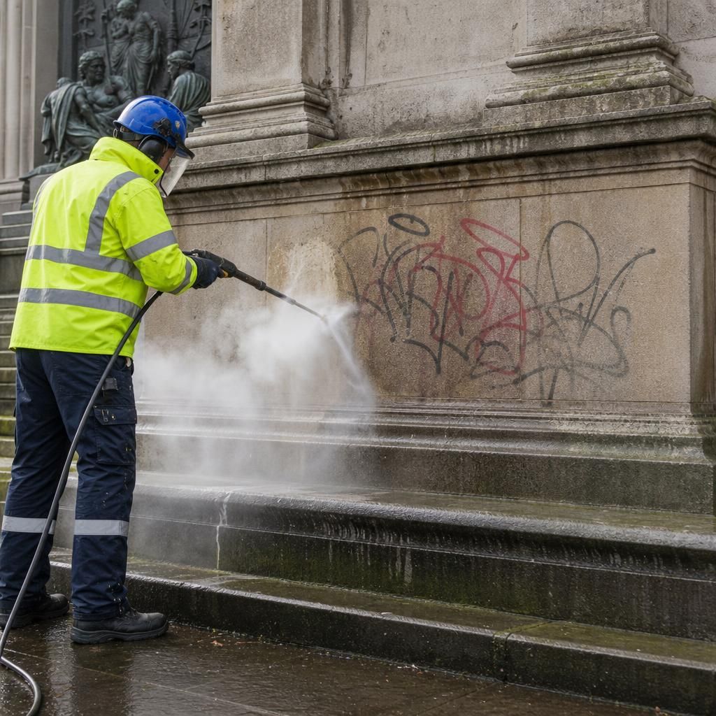 Pressure washing graffiti from concrete wall