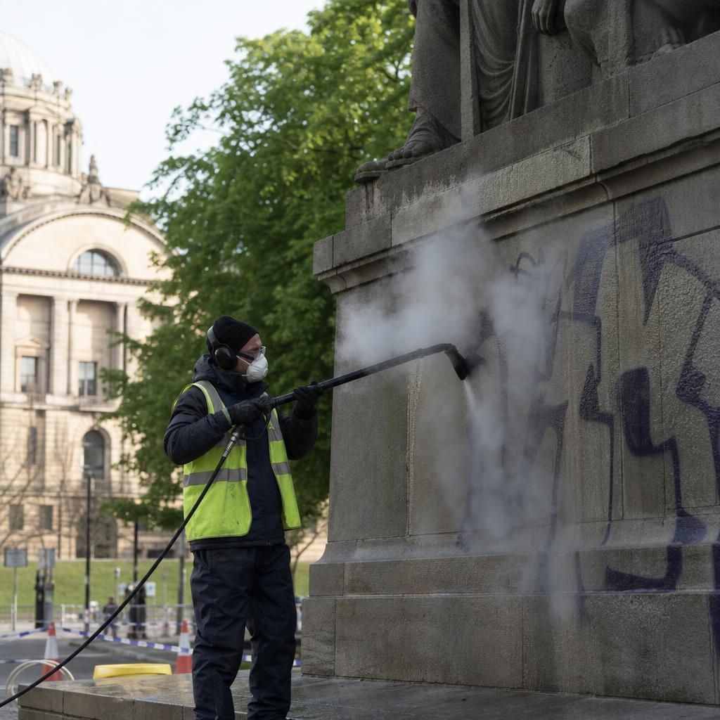 Workers performing graffiti removal during off-peak hours