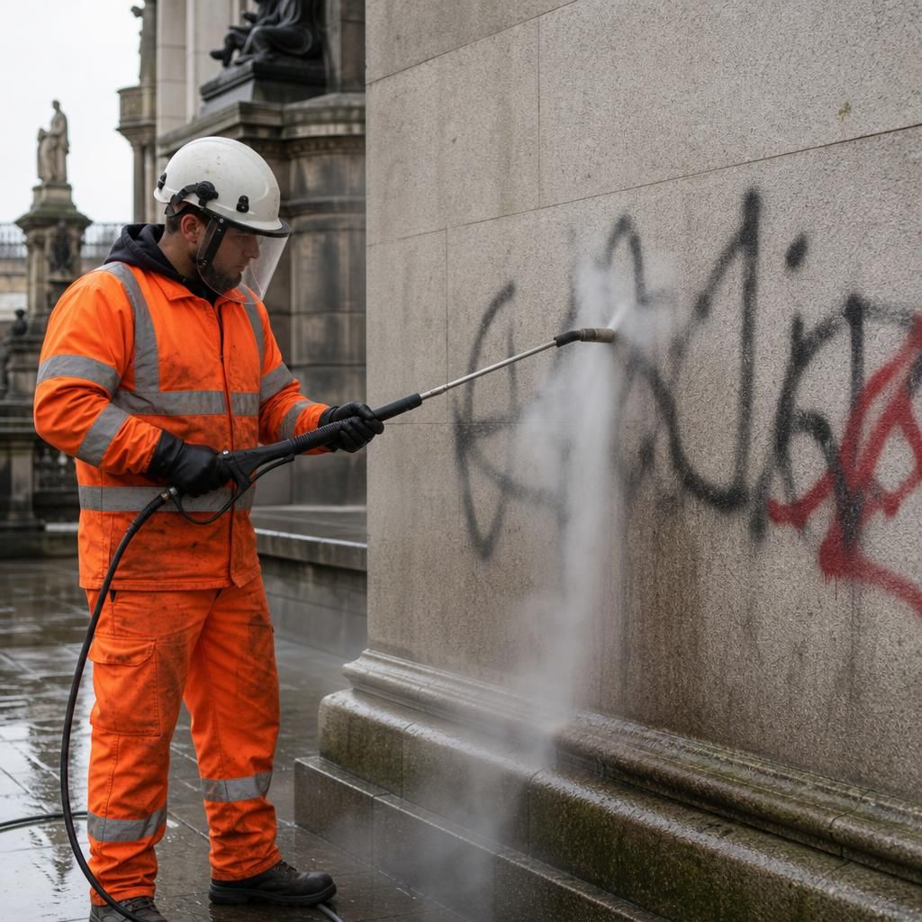 Coordinated cleaning team planning graffiti removal